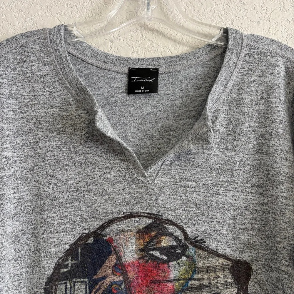 Inoah Sweater Top Womens M Graphic Dapper Dog Split Vneck Hi Lo Dachshund Gray - Picture 3 of 13